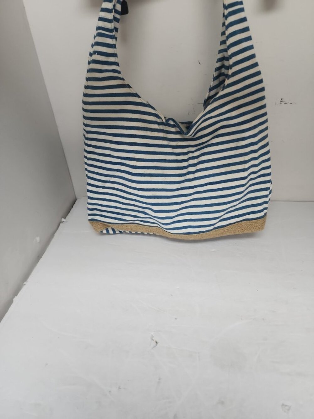 Barganza & Couture Vintage Tote Blue/White Striped Tan Trim  New!!!